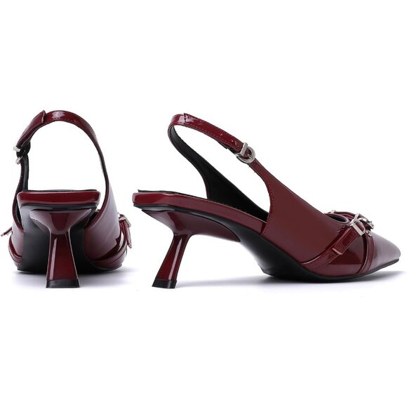 Mostrin Kitten Heel Red Faux Leather Low Slingback Heels with Buckle Dress Shoes - Picture 3 of 8